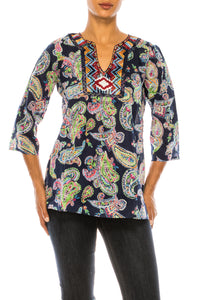 Navy Paisley Floral Tunic with Embroidery