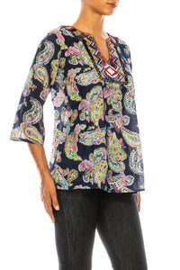 Navy Paisley Floral Tunic with Embroidery