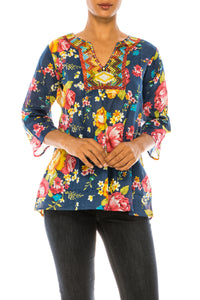 Navy Boho Floral Tunic with Embroidery