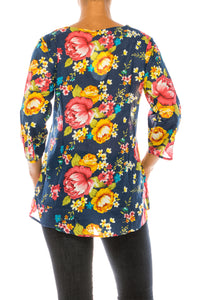 Navy Boho Floral Tunic with Embroidery