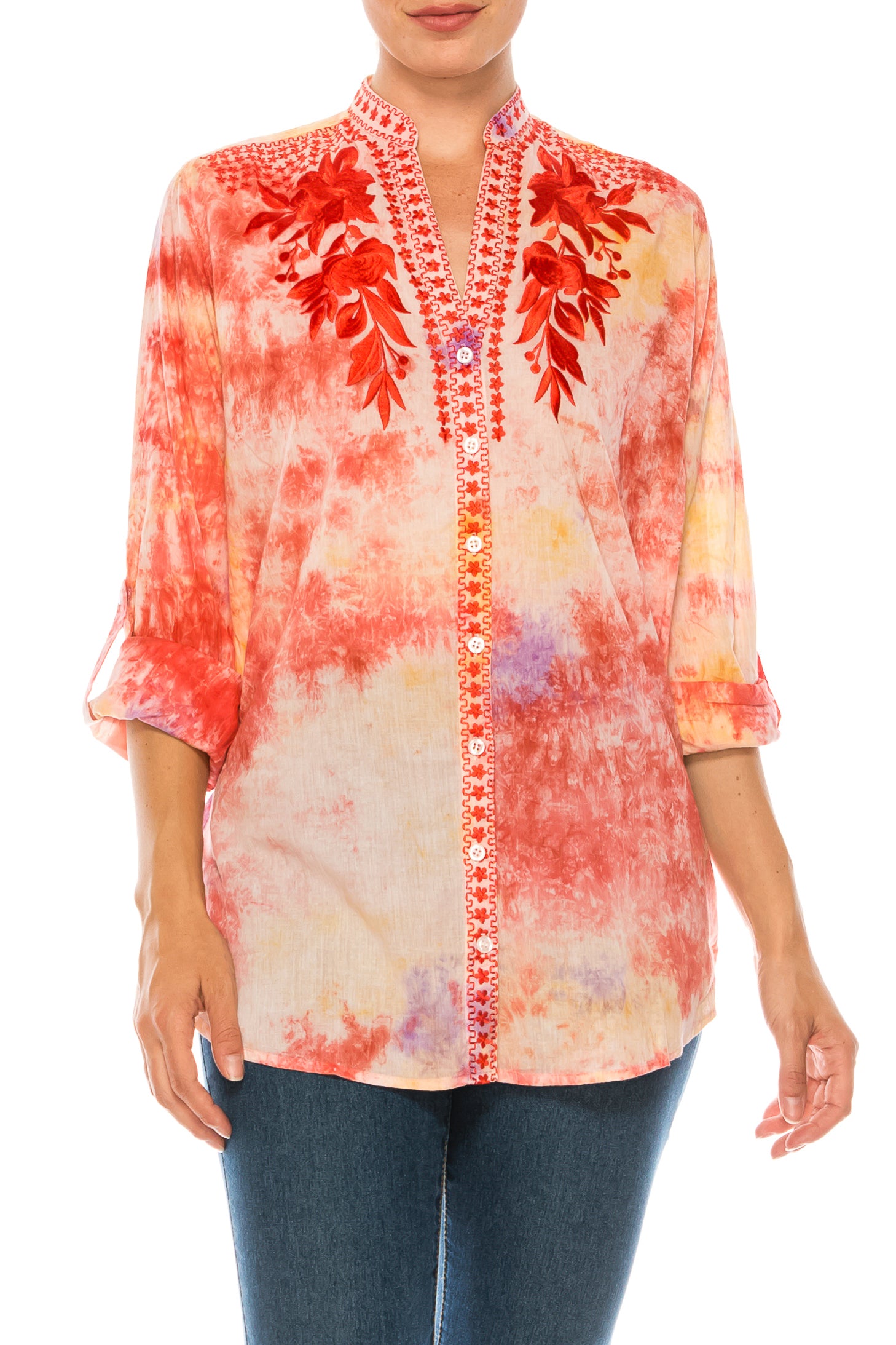 Floral Printed Button-Down Tunic with Colorful Embroidery