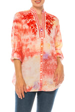 Load image into Gallery viewer, Floral Printed Button-Down Tunic with Colorful Embroidery
