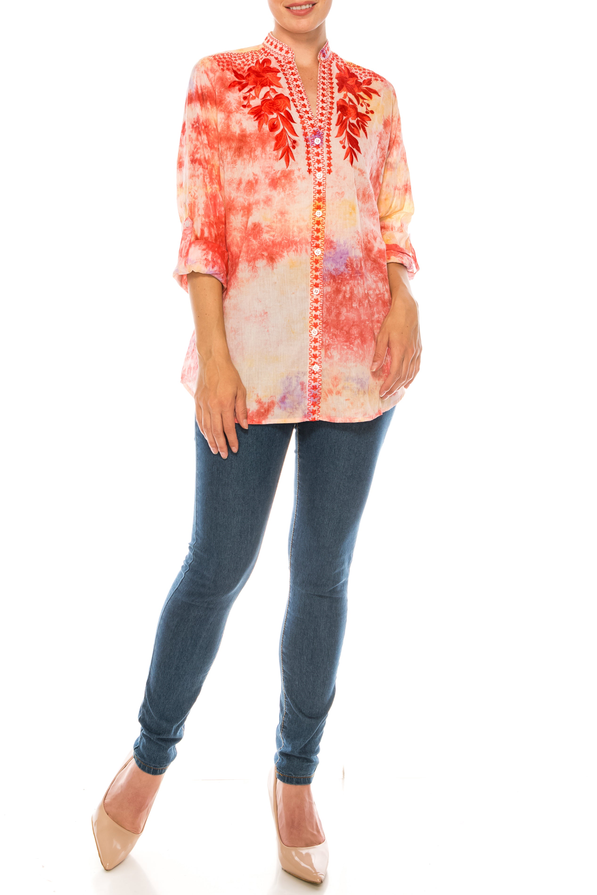 Floral Printed Button-Down Tunic with Colorful Embroidery