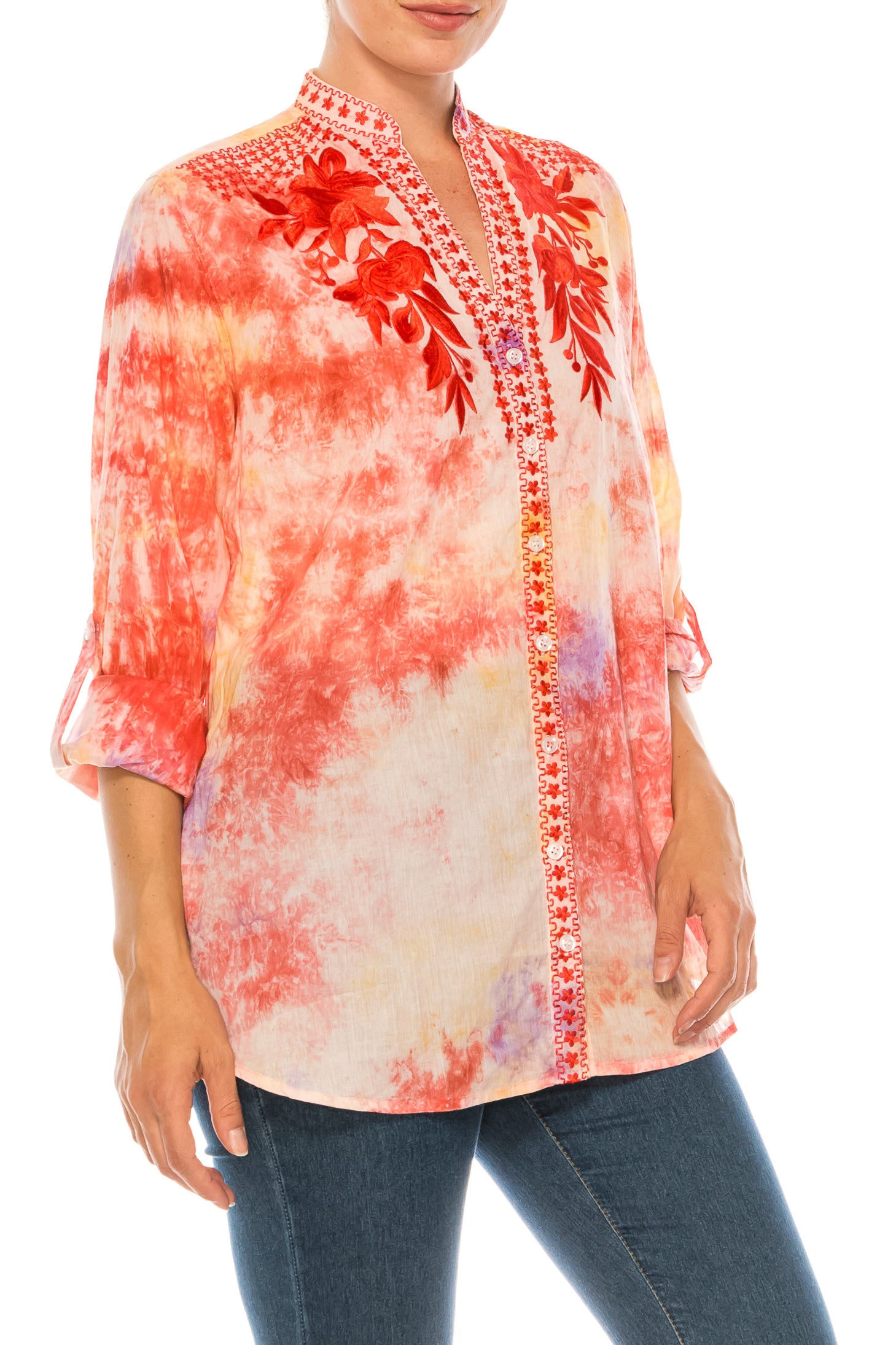 Floral Printed Button-Down Tunic with Colorful Embroidery