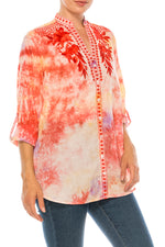 Load image into Gallery viewer, Floral Printed Button-Down Tunic with Colorful Embroidery
