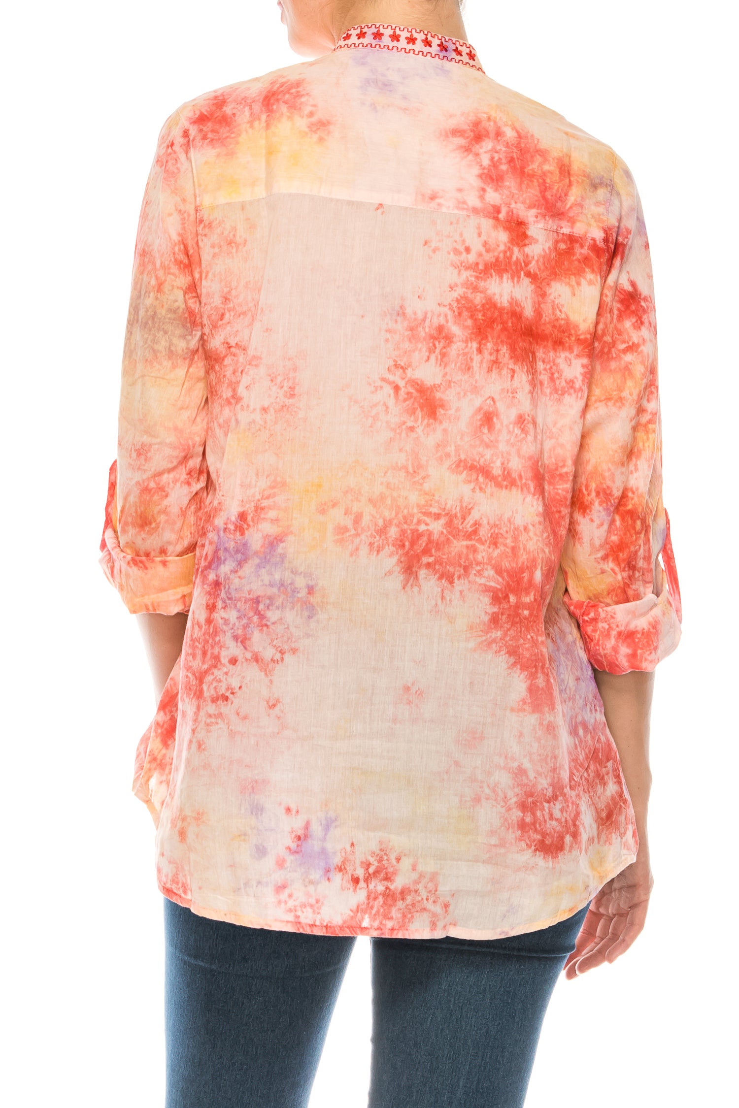 Floral Printed Button-Down Tunic with Colorful Embroidery