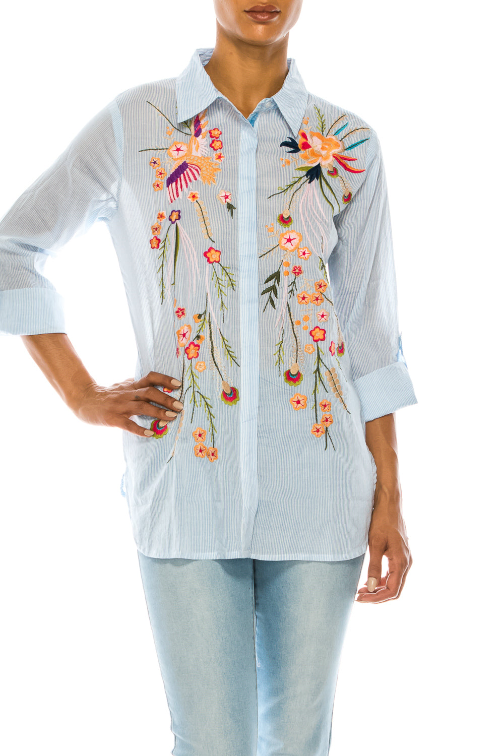 Striped Button-down Shirt with Floral Embroidery