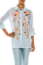 Load image into Gallery viewer, Striped Button-down Shirt with Floral Embroidery
