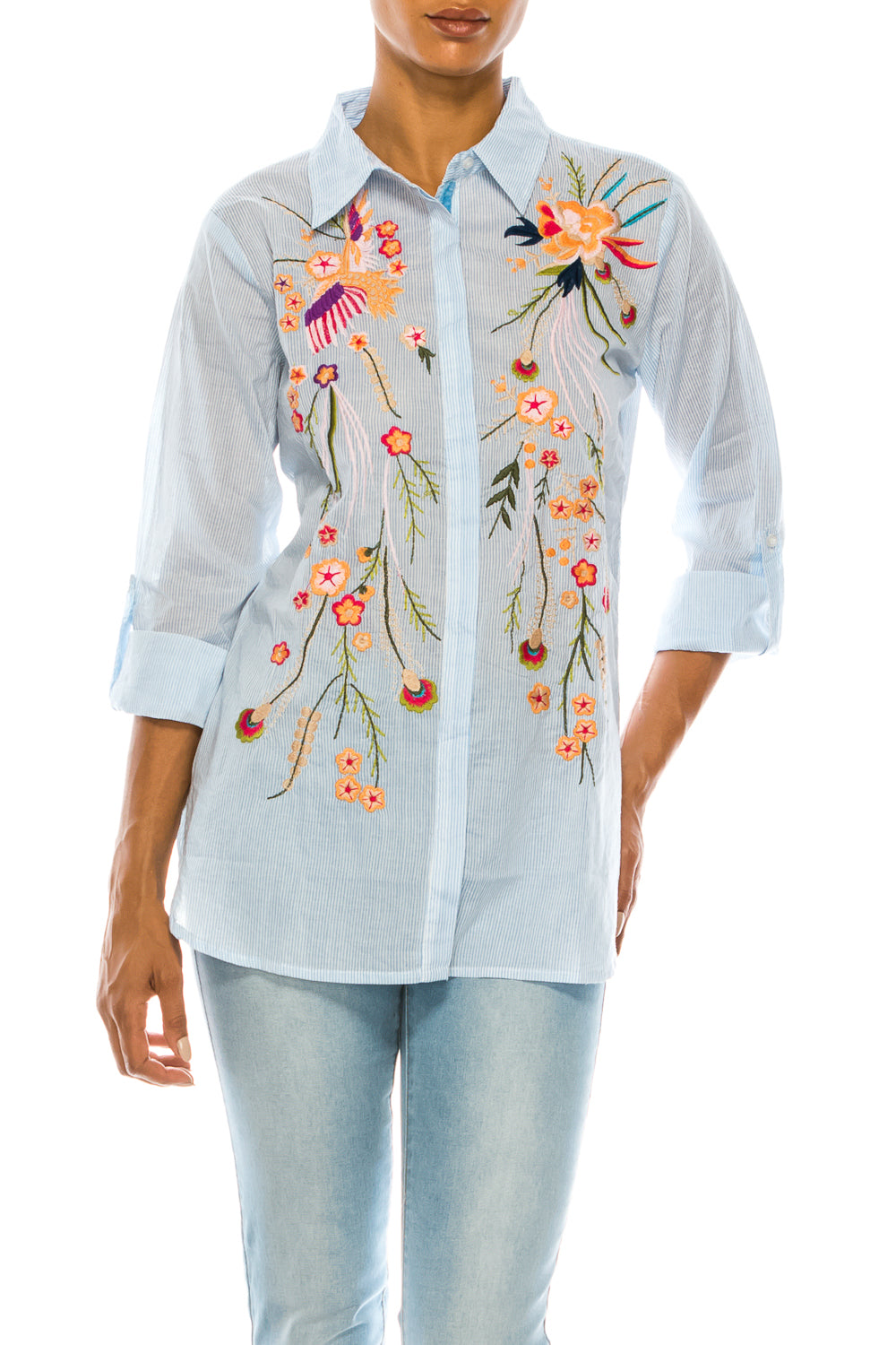 Striped Button-down Shirt with Floral Embroidery