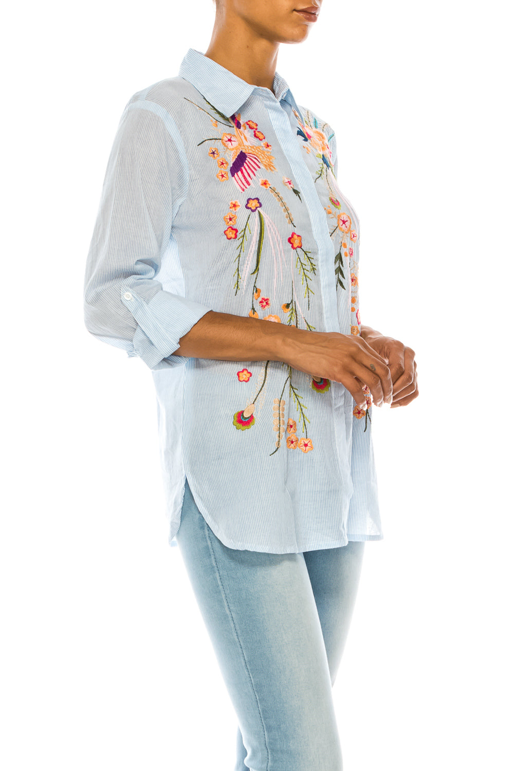 Striped Button-down Shirt with Floral Embroidery