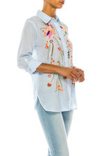 Load image into Gallery viewer, Striped Button-down Shirt with Floral Embroidery
