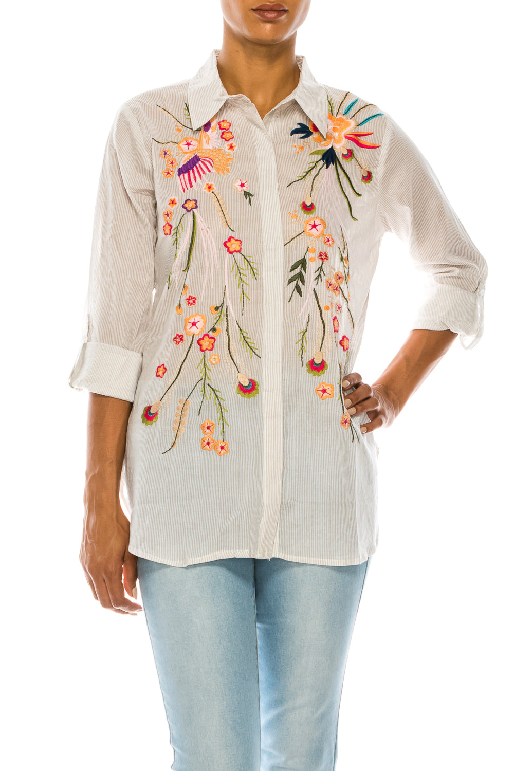 Striped Button-down Shirt with Floral Embroidery