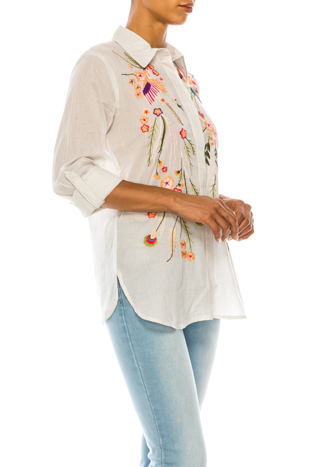 Striped Button-down Shirt with Floral Embroidery