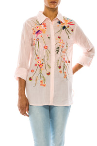 Striped Button-down Shirt with Floral Embroidery