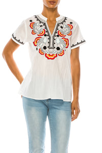 V-Neck Embroidered Boho Top with Vintage Wash