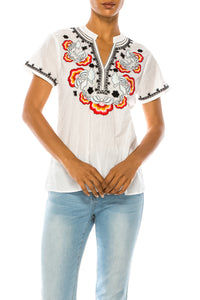 V-Neck Embroidered Boho Top with Vintage Wash