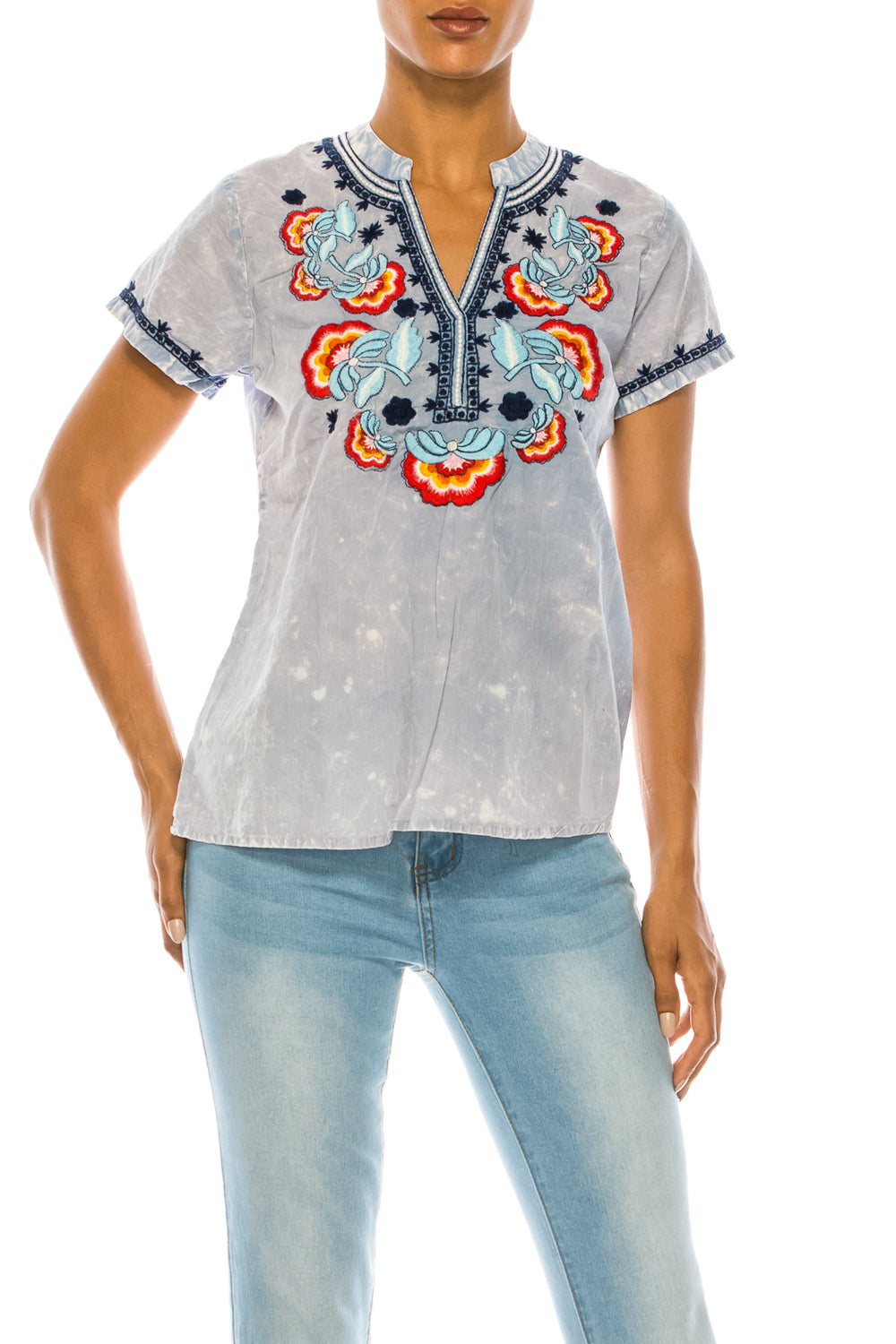 V-Neck Embroidered Boho Top with Vintage Wash