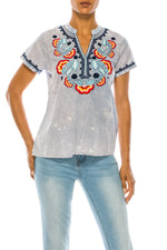 Load image into Gallery viewer, V-Neck Embroidered Boho Top with Vintage Wash
