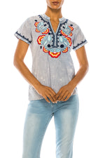 Load image into Gallery viewer, V-Neck Embroidered Boho Top with Vintage Wash
