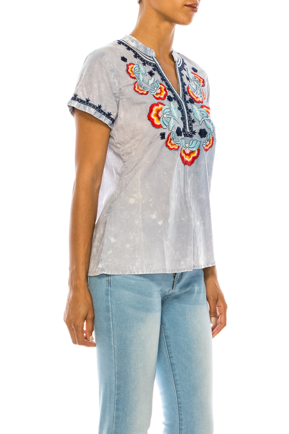 V-Neck Embroidered Boho Top with Vintage Wash