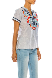 V-Neck Embroidered Boho Top with Vintage Wash