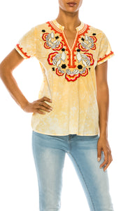 V-Neck Embroidered Boho Top with Vintage Wash