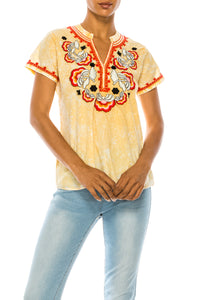 V-Neck Embroidered Boho Top with Vintage Wash