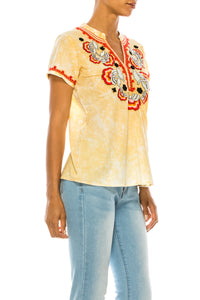 V-Neck Embroidered Boho Top with Vintage Wash