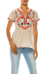 V-Neck Embroidered Boho Top with Vintage Wash