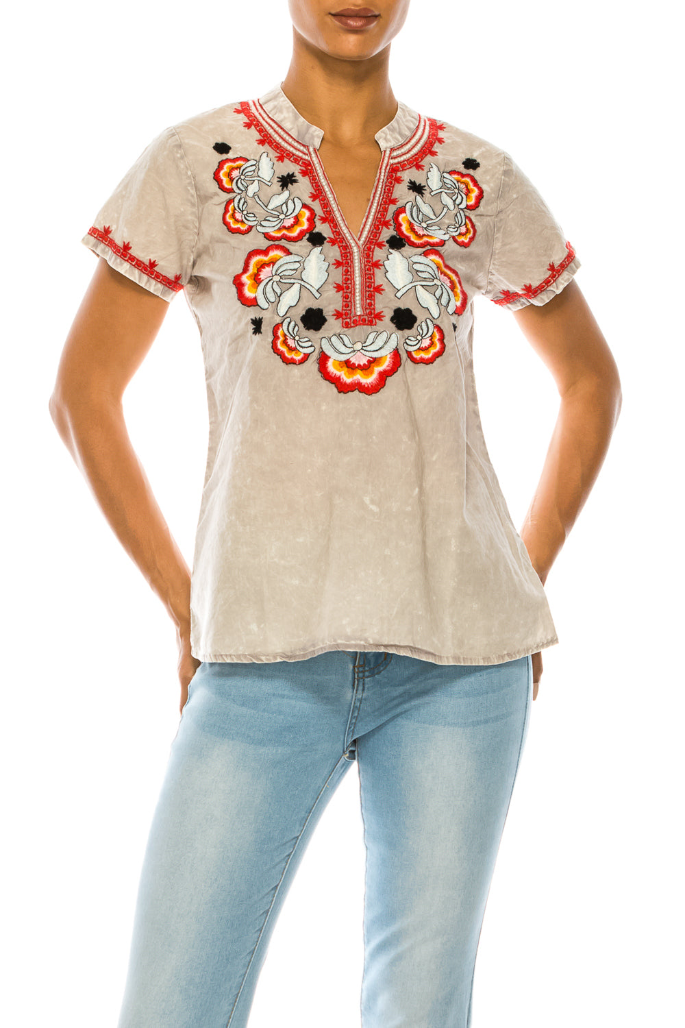 V-Neck Embroidered Boho Top with Vintage Wash