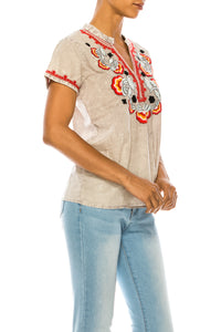 V-Neck Embroidered Boho Top with Vintage Wash