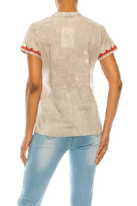 V-Neck Embroidered Boho Top with Vintage Wash