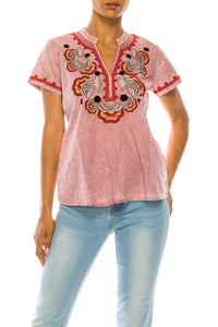 V-Neck Embroidered Boho Top with Vintage Wash