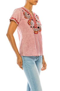 V-Neck Embroidered Boho Top with Vintage Wash