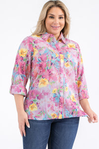 Plus Size Pink Floral Button-Down Shirt