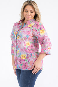 Plus Size Pink Floral Button-Down Shirt