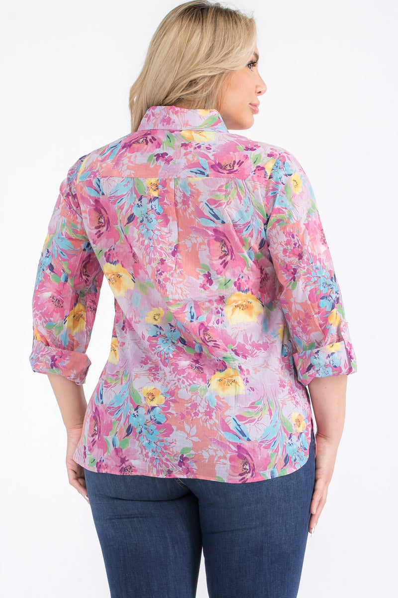 Plus Size Pink Floral Button-Down Shirt