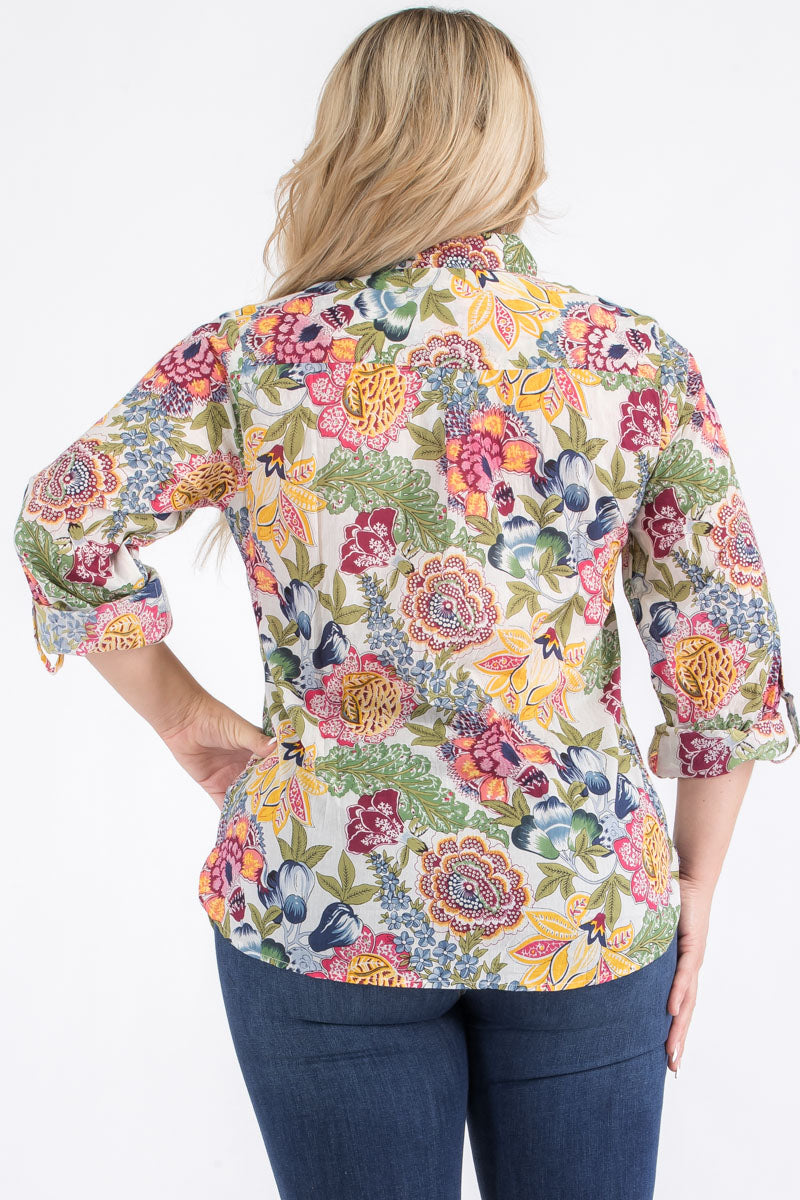 Plus Size Ivory Floral Button-Down Shirt