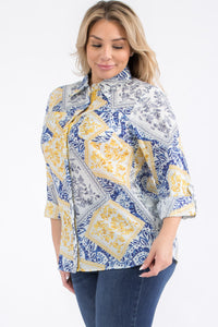 Plus Size Patchwork Floral Button-Down Shirt