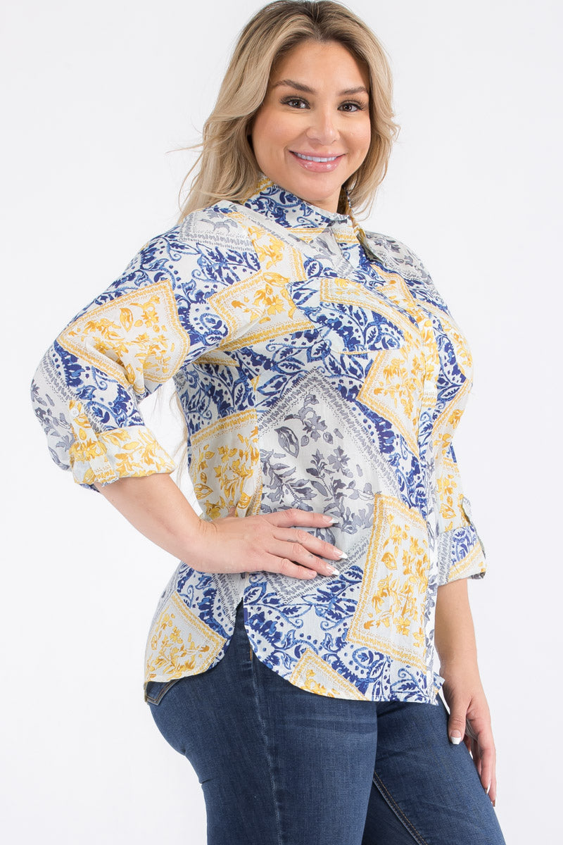 Plus Size Patchwork Floral Button-Down Shirt