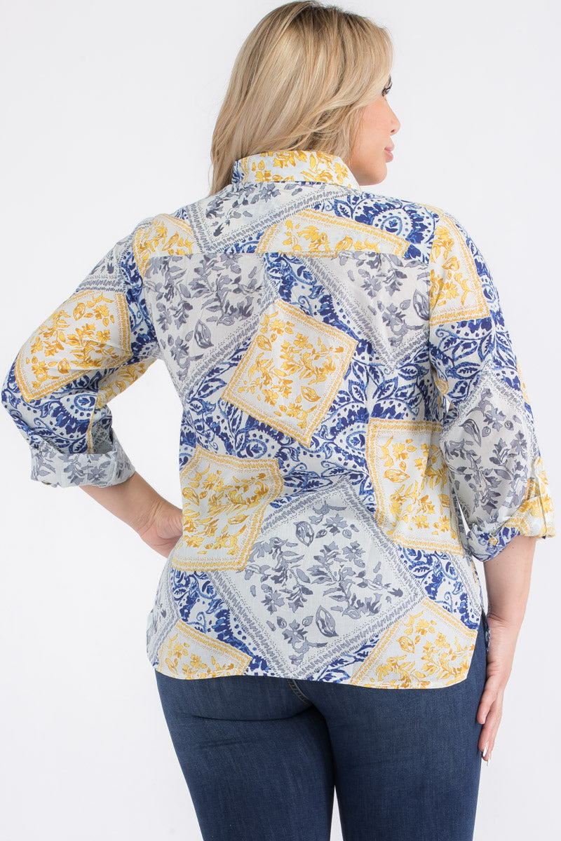 Plus Size Patchwork Floral Button-Down Shirt