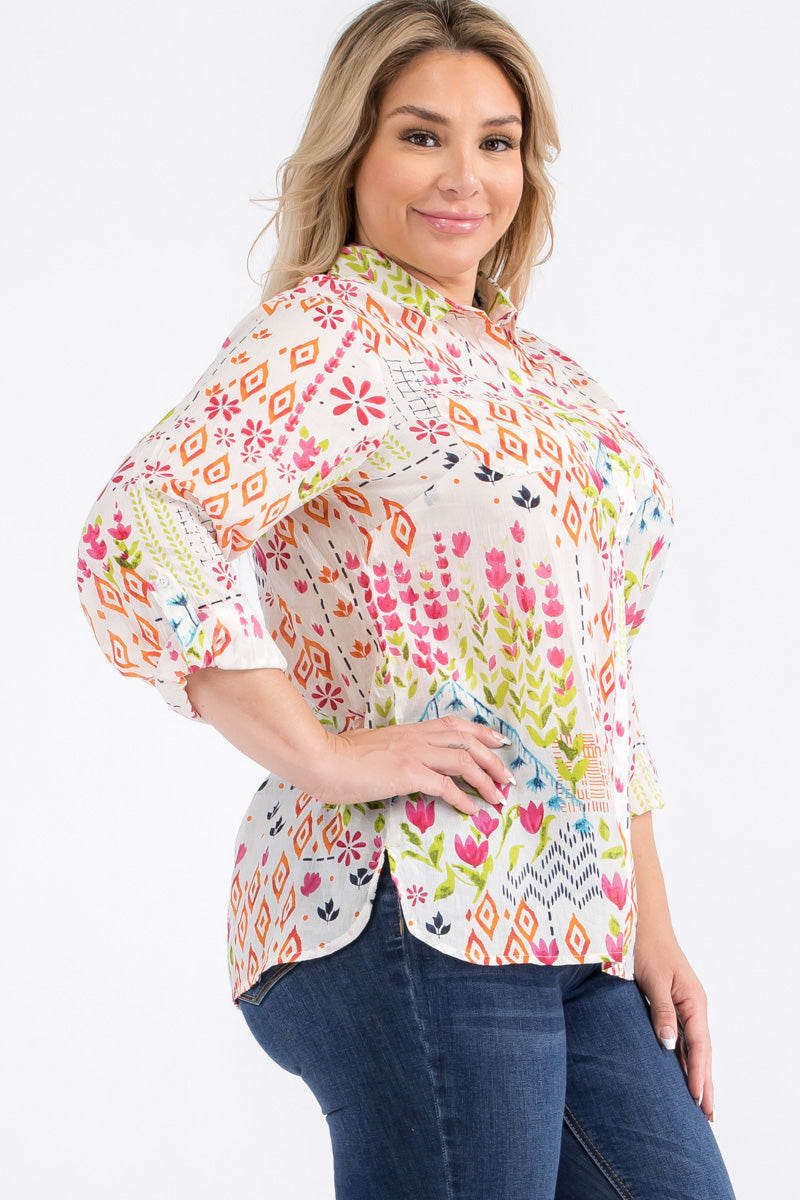 Plus Size Cream Floral Button-Down Shirt