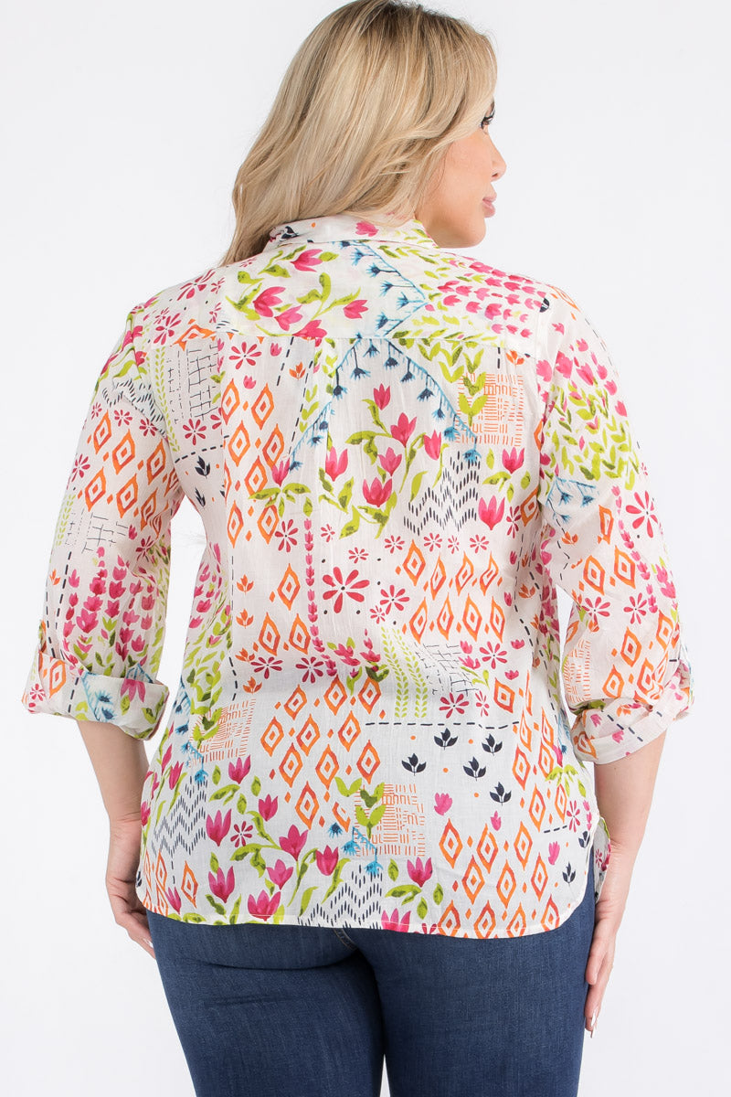 Plus Size Cream Floral Button-Down Shirt