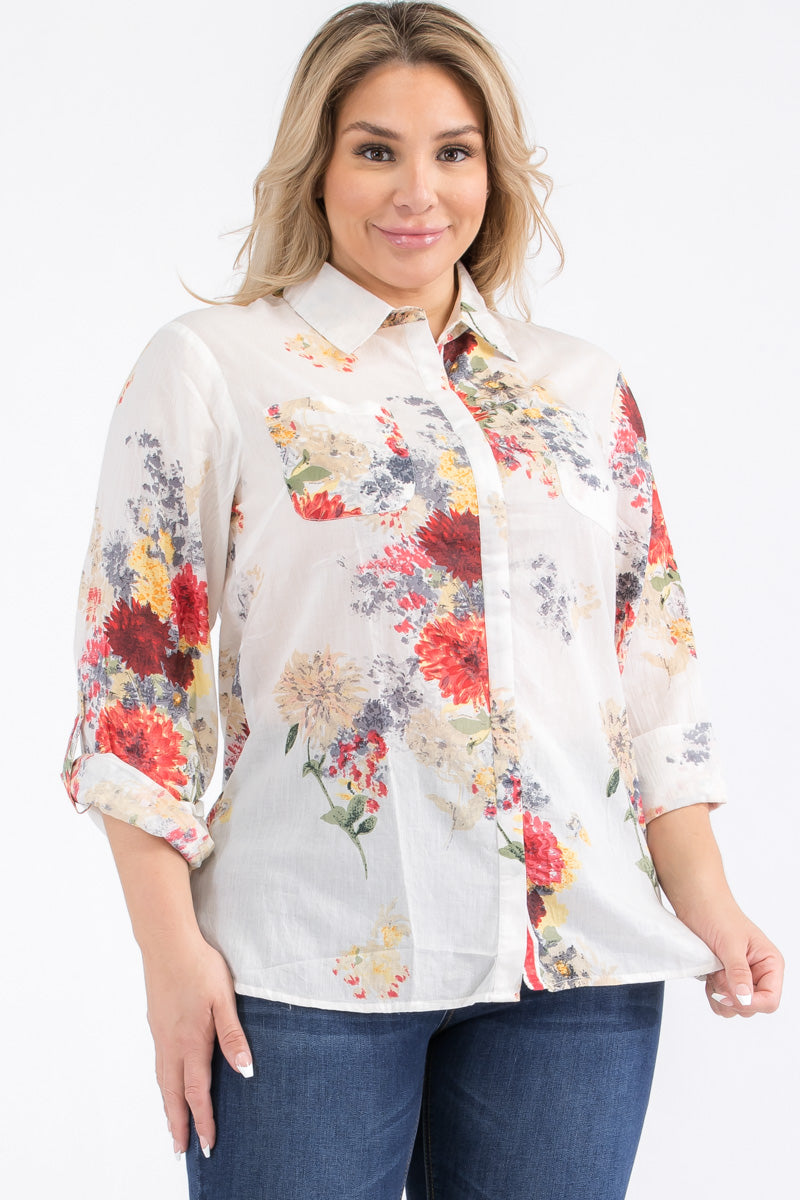 Plus Size Ivory Floral Button-Down Shirt