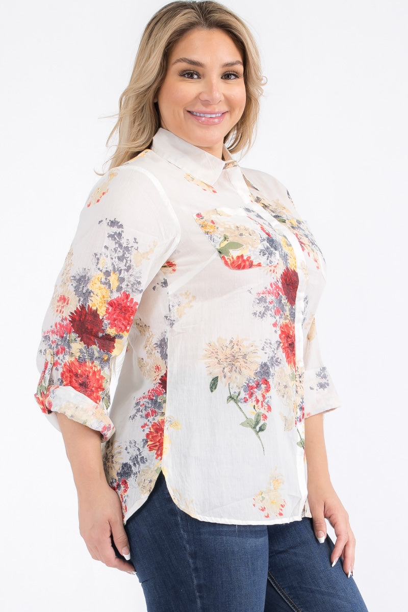 Plus Size Ivory Floral Button-Down Shirt