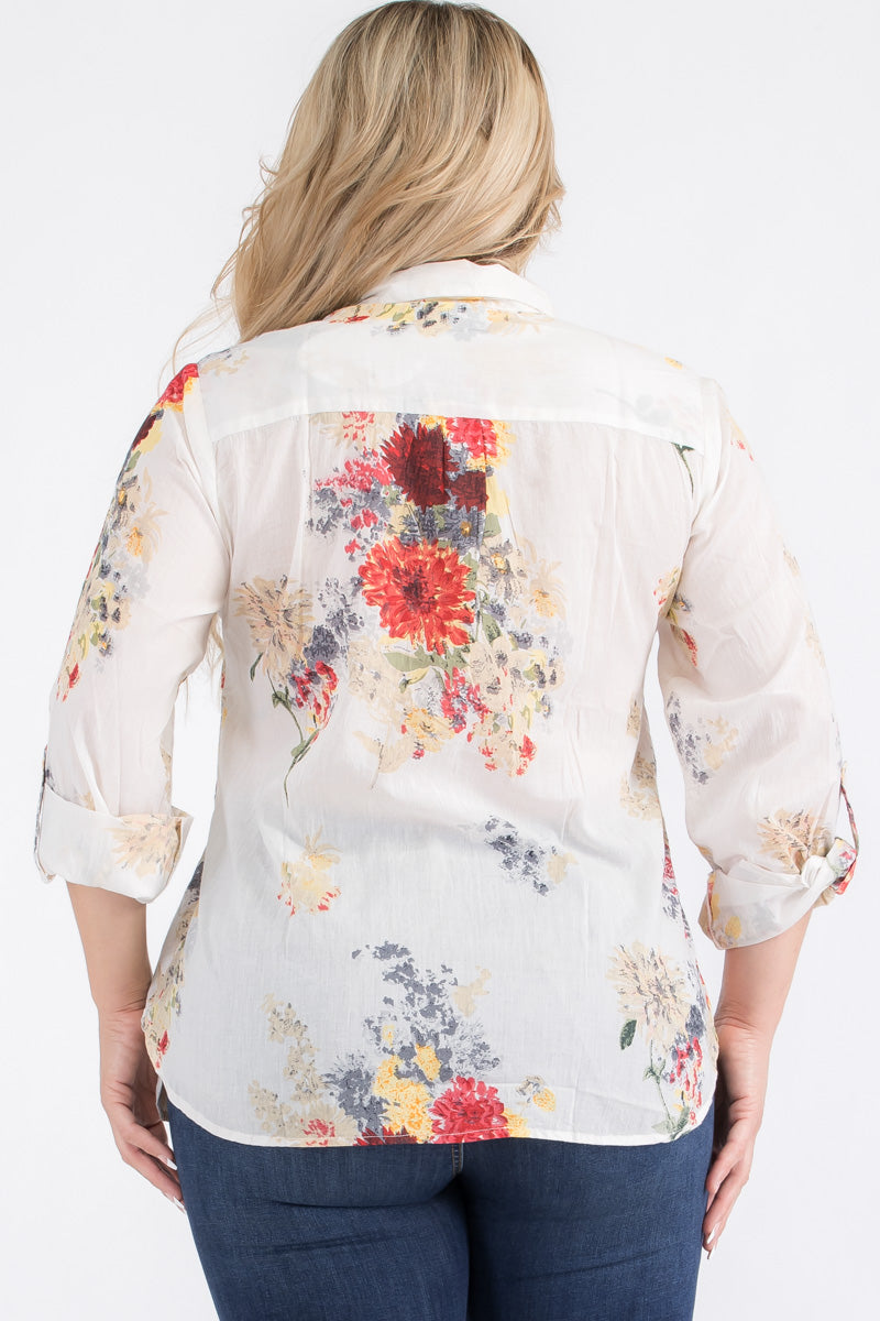 Plus Size Ivory Floral Button-Down Shirt