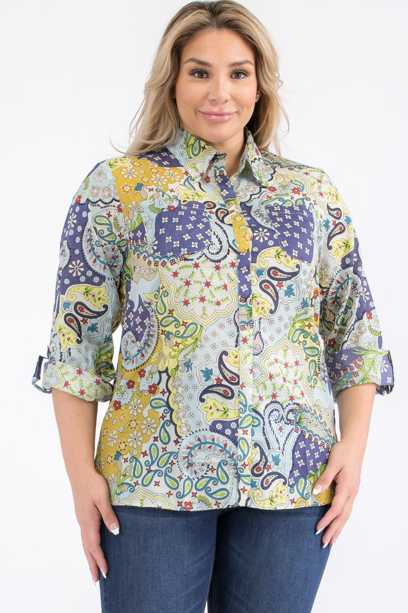 Plus Size Patchwork Floral Paisley Print Button-Down Shirt