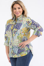 Load image into Gallery viewer, Plus Size Patchwork Floral Paisley Print Button-Down Shirt
