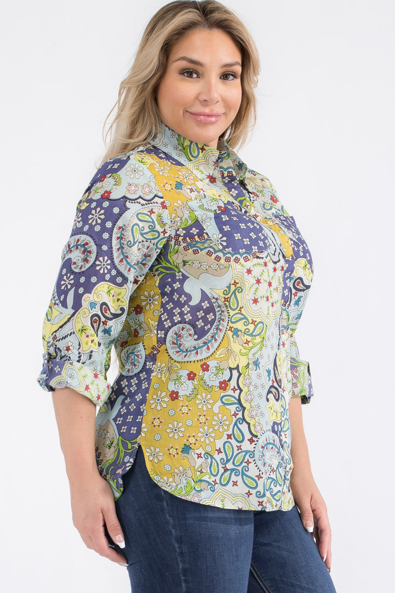 Plus Size Patchwork Floral Paisley Print Button-Down Shirt