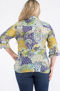 Plus Size Patchwork Floral Paisley Print Button-Down Shirt